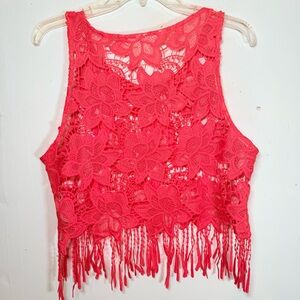 Women’s size 12 large crochet BoHo cottagecore top lace floral Coachella coral